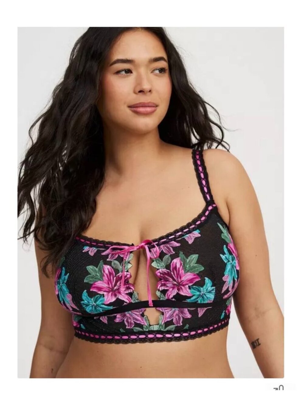 Torrid 2 Black Floral Lace Bralette With Pink & Teal Flowers Adjustable Straps